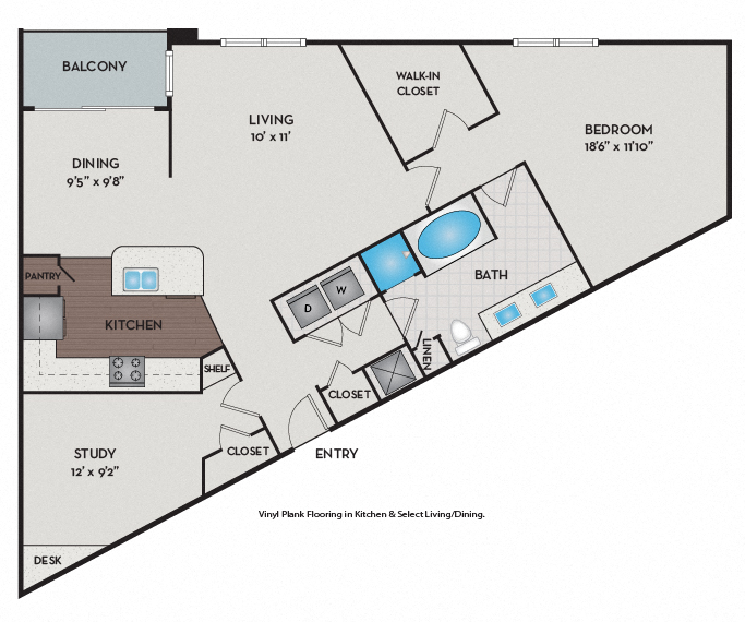 Floor plan for 1 bed, 1 bath, 1131 sqft