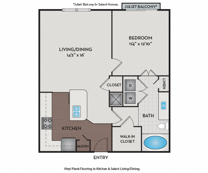 Floor plan for 1 bed, 1 bath, 714 sqft