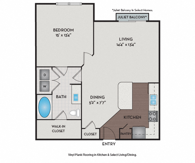 Floor plan for 1 bed, 1 bath, 758 sqft