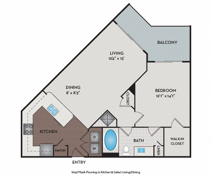 Floor plan for 1 bed, 1 bath, 824 sqft