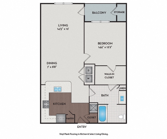 Floor plan for 1 bed, 1 bath, 987 sqft
