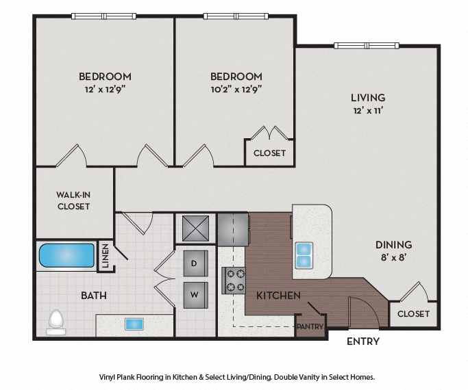 Floor plan for 2 beds, 1 bath, 964 sqft