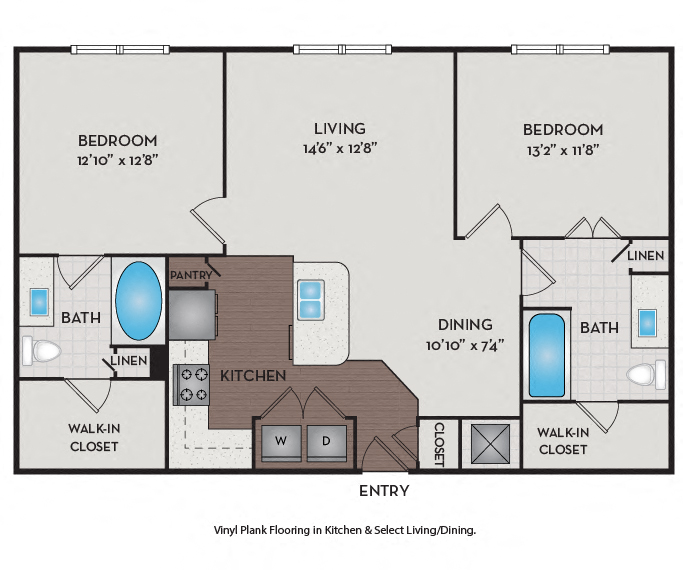 Floor plan for 2 beds, 2 baths, 1035 sqft