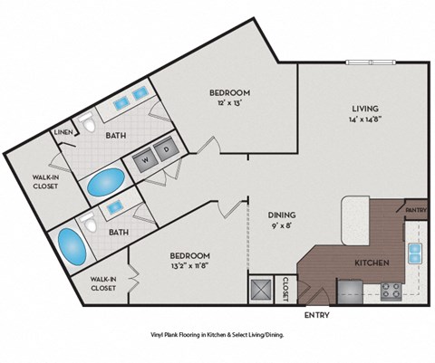 Floor plan for 2 beds, 2 baths, 1137 sqft