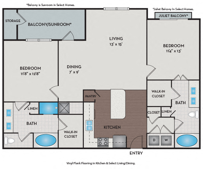 Floor plan for 2 beds, 2 baths, 1320 sqft