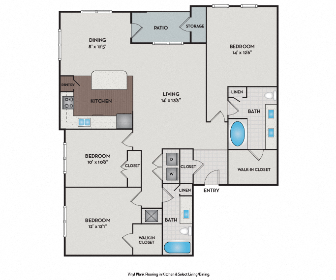 Floor plan for 3 beds, 2 baths, 1464 sqft