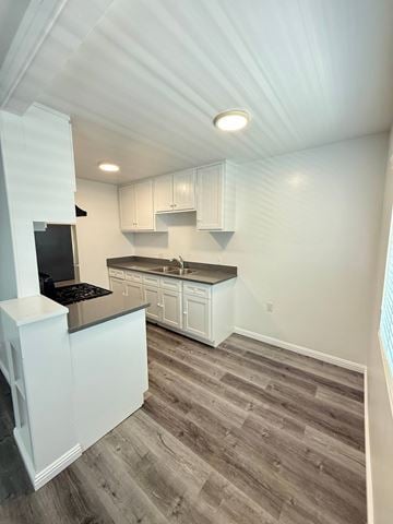 Long Beach apartment for rent - A kitchen with a white counter top and a black stove top oven.