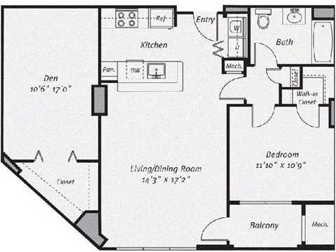 Floor plan for 1 bed, 1 bath, 990 sqft
