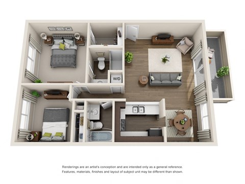 Floor plan for 2 beds, 2 baths, 1040 sqft