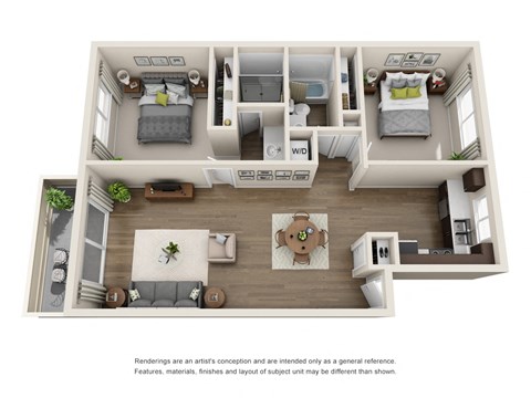 Floor plan for 2 beds, 2 baths, 992 sqft