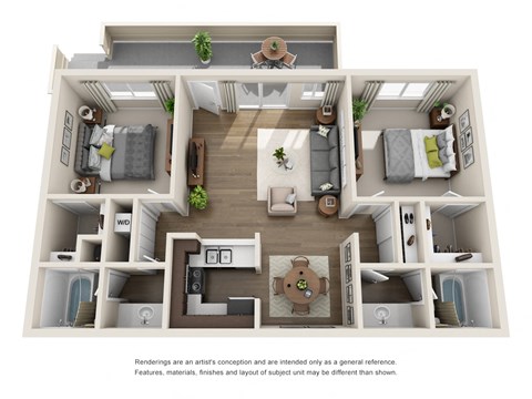 Floor plan for 2 beds, 2 baths, 960 sqft