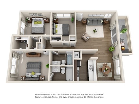 Floor plan for 3 beds, 2 baths, 1155 sqft