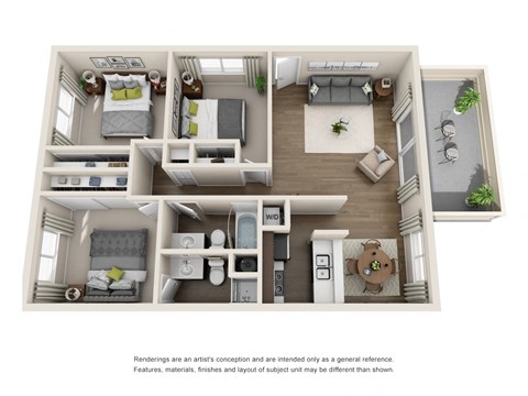 Floor plan for 3 beds, 2 baths, 1040 sqft