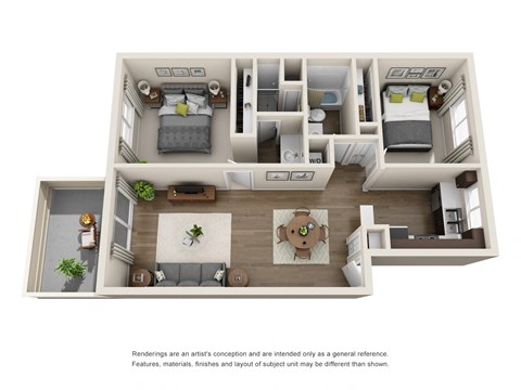 Floor plan for 2 beds, 2 baths, 950 sqft