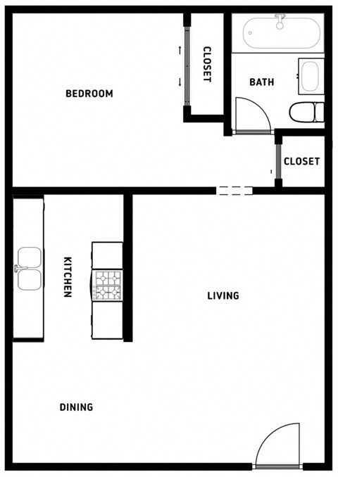 Floor plan for 1 bed, 1 bath, 557 sqft