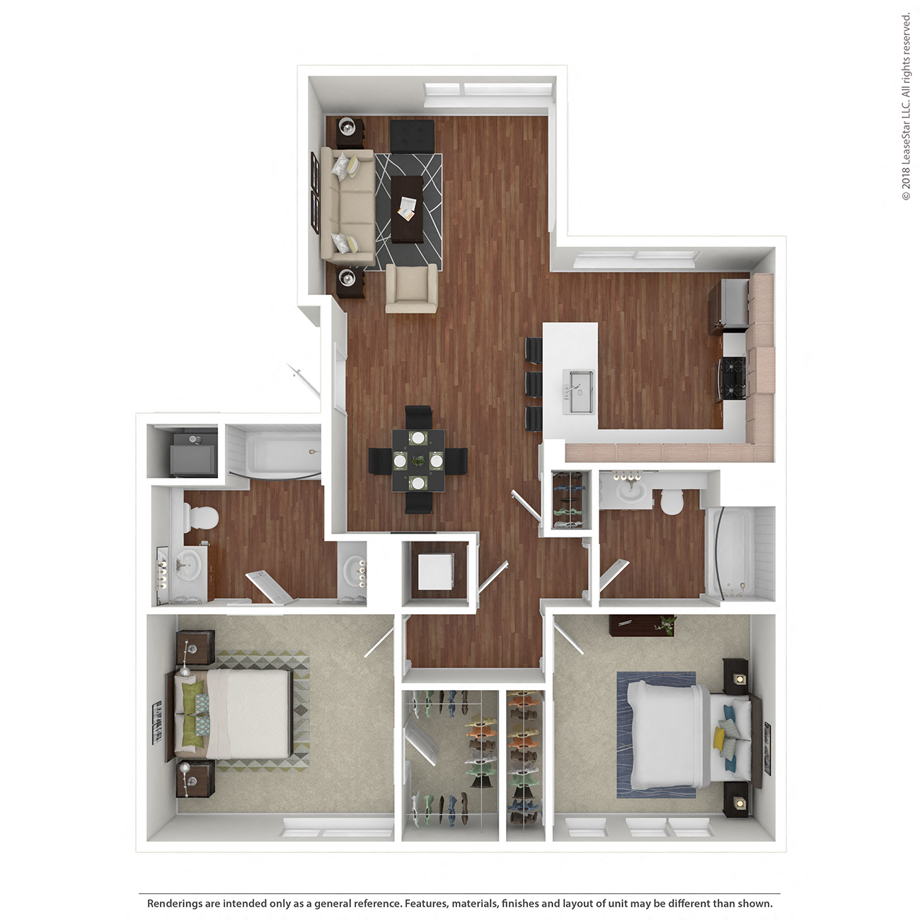 Floor plan for 2 beds, 2 baths, 973 sqft