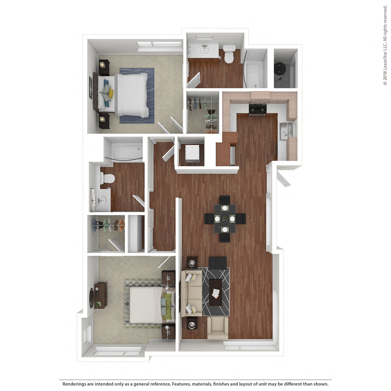 Floor plan for 2 beds, 2 baths, 917 sqft