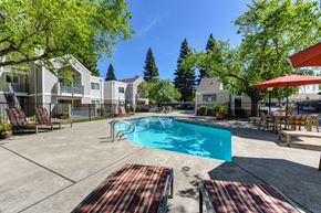 Sacramento apartment for rent - Pool Area with Trees at Rush River Apartments, Sacramento, California
