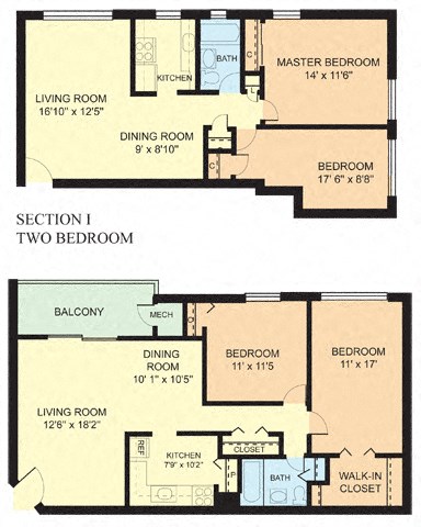 Floor plan for 2 beds, 1 bath, 802 sqft