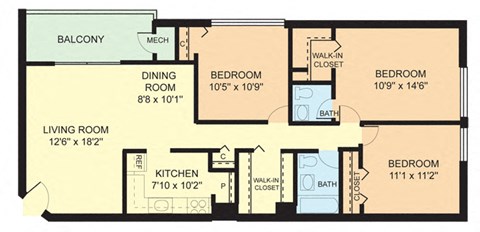 Floor plan for 3 beds, 1.5 baths, 979 sqft