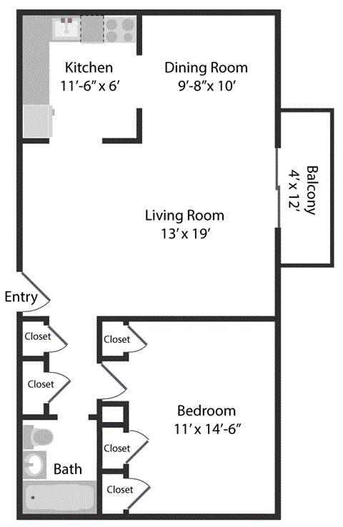 Floor plan for 1 bed, 1 bath, 723 sqft