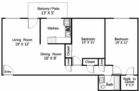 Floor plan for 2 beds, 1 bath, 1015 sqft