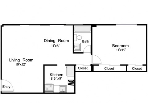Floor plan for 1 bed, 1 bath, 750 sqft