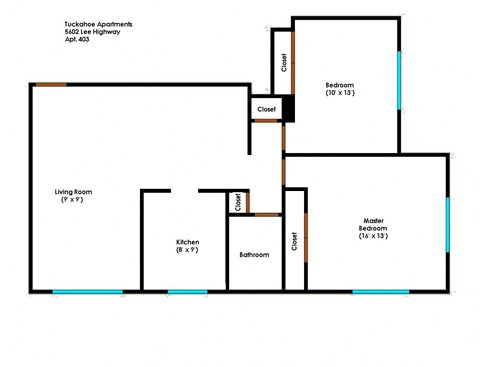 Floor plan for 2 beds, 1 bath, 1050 sqft