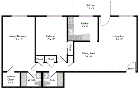 Floor plan for 2 beds, 2 baths, 1015 sqft