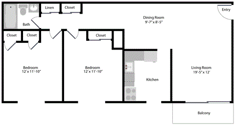 Floor plan for 2 beds, 1 bath, 900 sqft