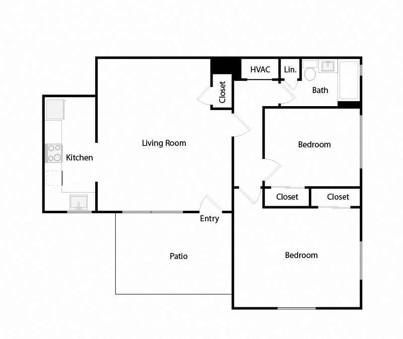 Floor plan for 2 beds, 1 bath, 850 sqft