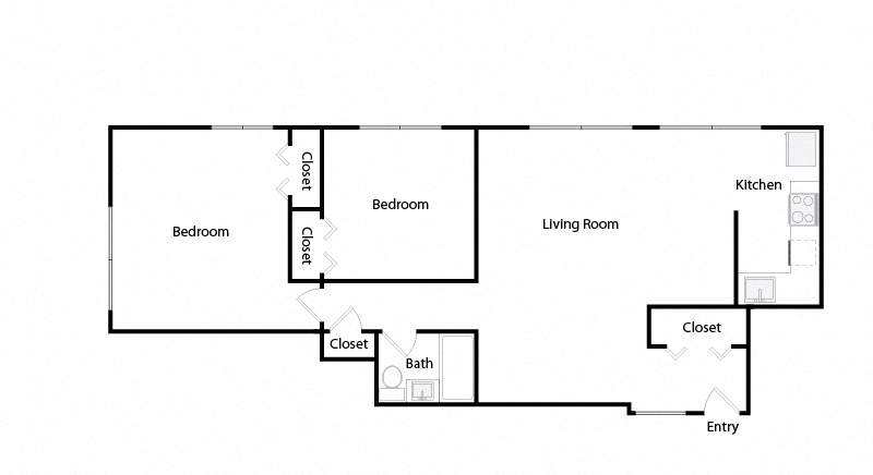 Floor plan for 2 beds, 1 bath, 900 sqft