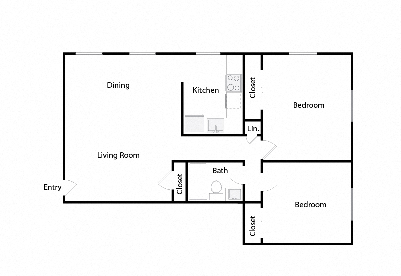 Floor plan for 2 beds, 1 bath, 853 sqft