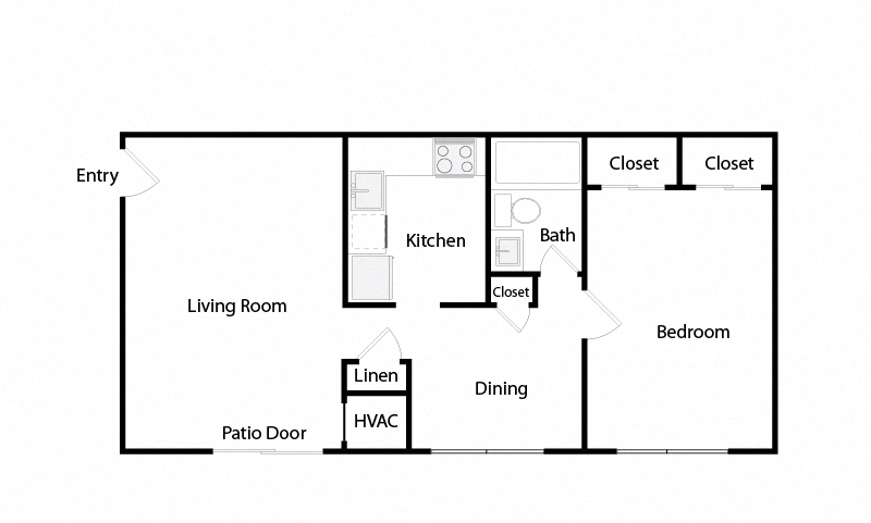 Floor plan for 1 bed, 1 bath, 750 sqft