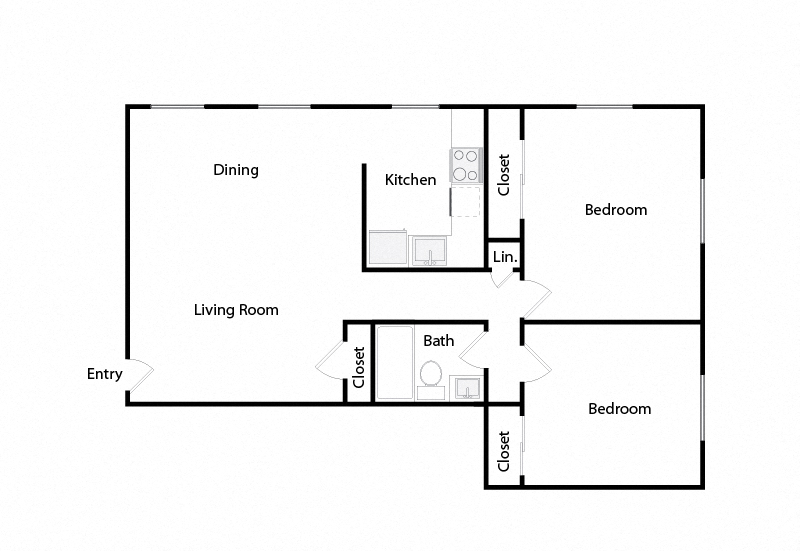 Floor plan for 2 beds, 1 bath, 897 sqft