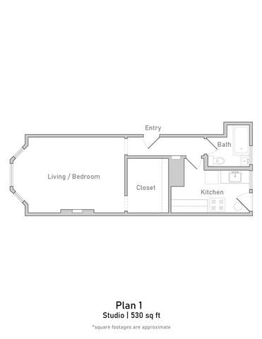 Floor plan for studio, 1 bath, 527 sqft