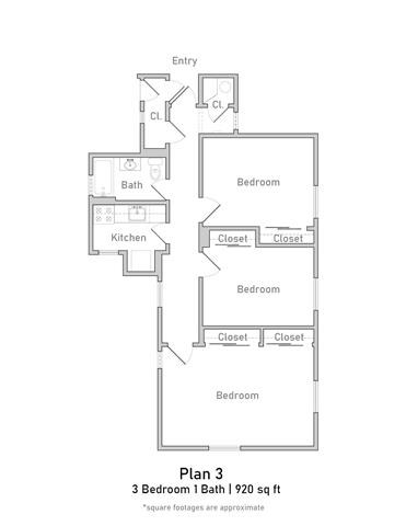 Floor plan for 2 beds, 1 bath, 920 sqft