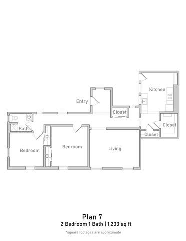 Floor plan for 2 beds, 1 bath, 1233 sqft