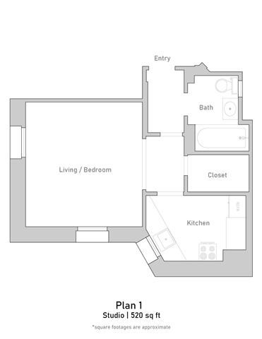 Floor plan for studio, 1 bath, 448 sqft