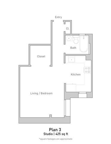 Floor plan for studio, 1 bath, 429 sqft
