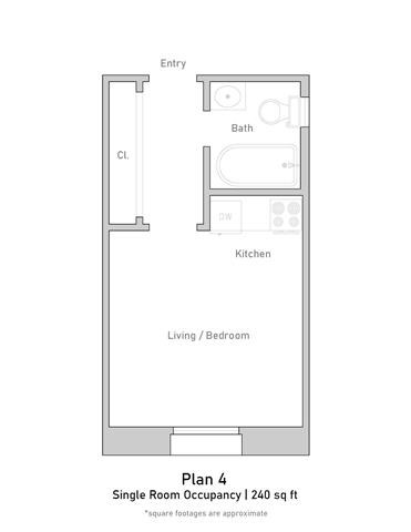 Floor plan for studio, 1 bath, 239 sqft