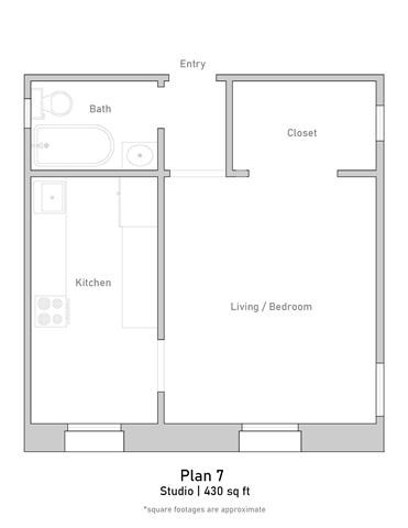 Floor plan for studio, 1 bath, 431 sqft
