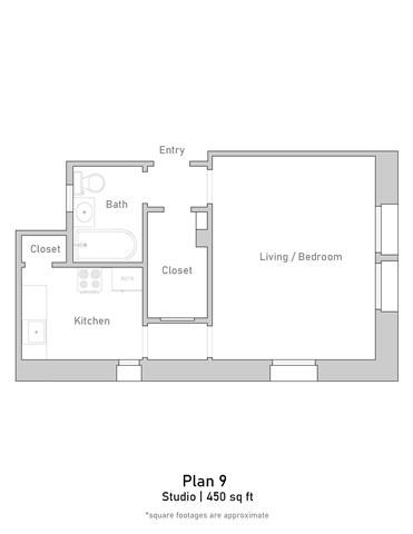Floor plan for studio, 1 bath, 448 sqft