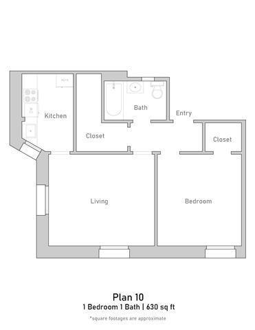 Floor plan for 1 bed, 1 bath, 631 sqft