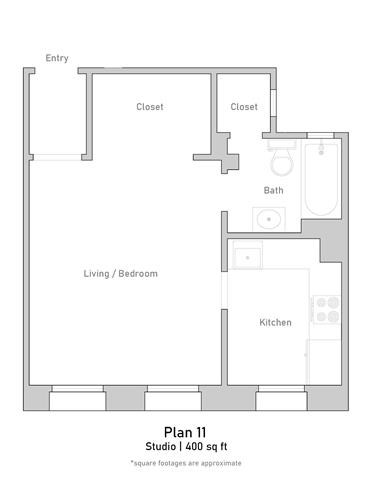 Floor plan for studio, 1 bath, 402 sqft