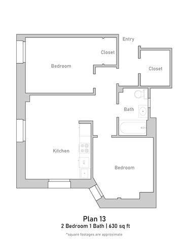 Floor plan for 2 beds, 1 bath, 634 sqft