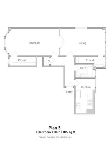 Floor plan for 1 bed, 1 bath, 813 sqft