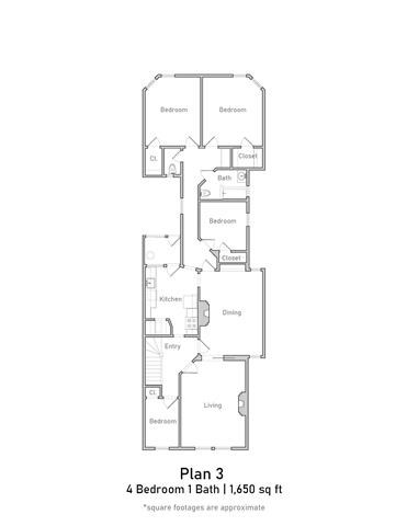 Floor plan for 4 beds, 1 bath, 1646 sqft