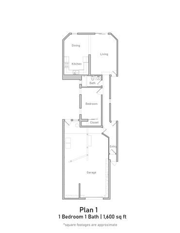 Floor plan for 1 bed, 1 bath, 1603 sqft