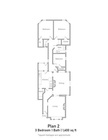 Floor plan for 3 beds, 1 bath, 1600 sqft